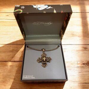 Ed Hardy Skull Head Necklace Bronze Tone Chain Pendant‎ Gothic New In Box